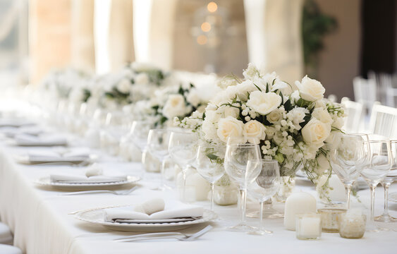 wedding table decorated with white rose flowers and candles