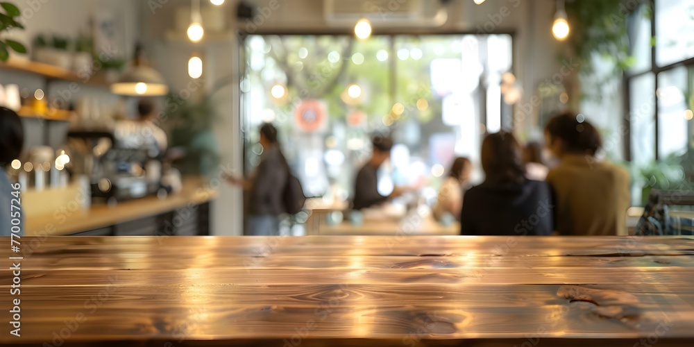Poster blurred background of people in a coffee shop with an empty wood table top for product display. conc