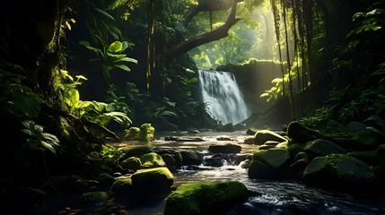Fotobehang Panoramic view of a waterfall in a deep tropical rainforest © Iman
