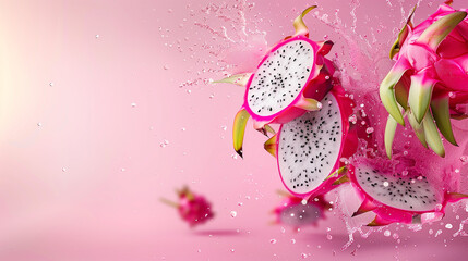 Fototapeta premium Pitaya or dragon fruit levitate on pink background.
