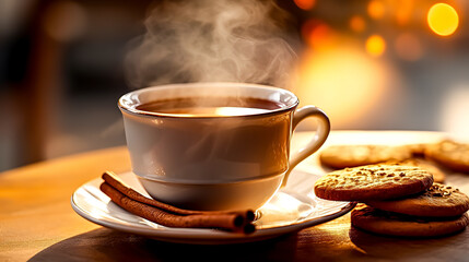 A white coffee cup with a cinnamon stick in it sits on a white plate. The cup is steaming and the plate has a few cookies on it. The scene conveys a cozy and comforting atmosphere - obrazy, fototapety, plakaty