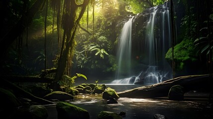 Panoramic view of a beautiful waterfall in a tropical rainforest