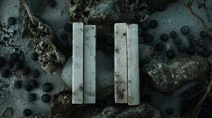  A pair of bars perched atop a stack of boulders beside a pile of berries