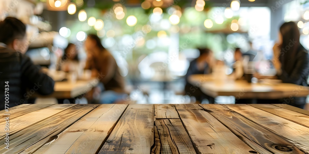 Aufkleber people in a coffee shop with a blurred background and an empty wood table top for product display. c