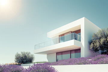 Modern house exterior under bright midday sun, with pale blue sky. Pristine landscaping, subtle...