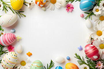 Naklejka na ściany i meble A wreath of Easter eggs, daisies, and pine needles creatively arranged in a circle on a white backdrop, showcasing floral design artistry