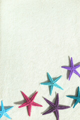 Fototapeta na wymiar Colored starfish on white fine sand.