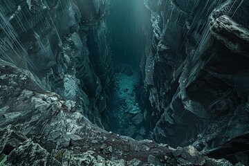 A chasm in the earth's crust leading to an eldritch abyss, where unimaginable horrors and cosmic entities lurk in the shadows - obrazy, fototapety, plakaty