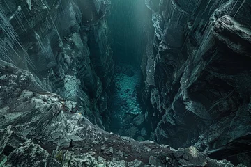 Deurstickers A chasm in the earth's crust leading to an eldritch abyss, where unimaginable horrors and cosmic entities lurk in the shadows © Boraryn