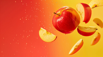 Flying in air red fresh whole and cut apples over yellow background, food levitation concept
