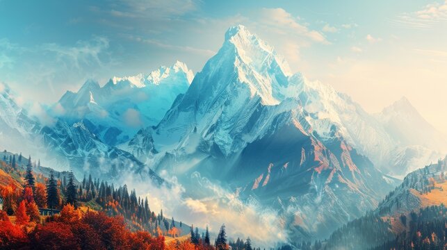  A landscape painting depicts a mountain range, trees in foreground, blue sky, and cloudy background