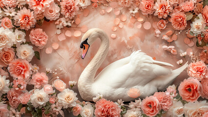 Collage of a fine art of a beautiful bird surrounded by flowers overlain in shades of Peach Fuzz.
