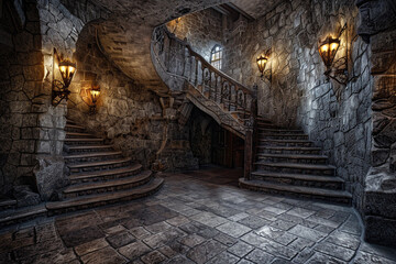 Fototapeta na wymiar Old-world foyer with heavy stone staircase and torch-mounted walls, evoking medieval castle ambiance. Echoing footsteps add to ancient atmosphere.