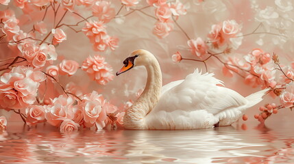 Collage of a fine art of a beautiful bird surrounded by flowers overlain in shades of Peach Fuzz.