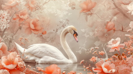 Collage of a fine art of a beautiful bird surrounded by flowers overlain in shades of Peach Fuzz.