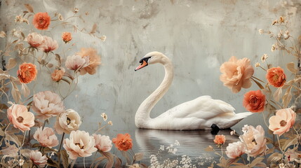 Collage of a fine art of a beautiful bird surrounded by flowers overlain in shades of Peach Fuzz.