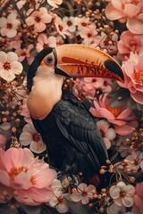 Collage of a fine art of a beautiful bird surrounded by flowers overlain in shades of Peach Fuzz.