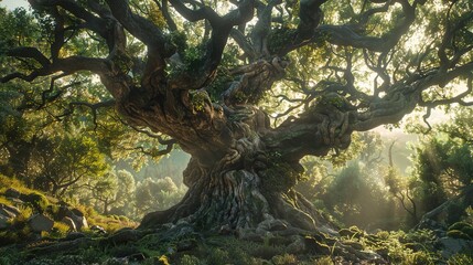 A colossal, ancient tree that serves as the guardian of a mystical forest, its roots delving deep into the earth - obrazy, fototapety, plakaty