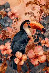 Collage of a fine art of a beautiful bird surrounded by flowers overlain in shades of Peach Fuzz.