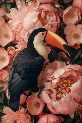 Collage of a fine art of a beautiful bird surrounded by flowers overlain in shades of Peach Fuzz.