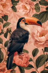 Collage of a fine art of a beautiful bird surrounded by flowers overlain in shades of Peach Fuzz.