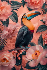 Collage of a fine art of a beautiful bird surrounded by flowers overlain in shades of Peach Fuzz.