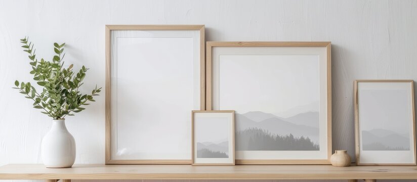 Large landscape mockup frames in various sizes of 50x70, 20x28, A3, and A4 displayed on a white wall with a wooden frame and passe-partout. These frames provide a clean, modern,