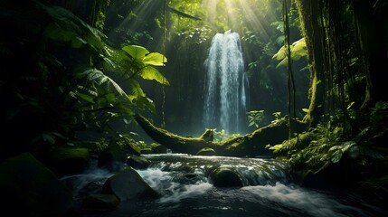 Waterfall in tropical rainforest. Panoramic view of waterfall in rainforest. - obrazy, fototapety, plakaty