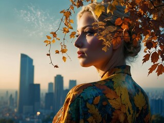 Une femme blonde urbaine avec des feuilles d'automne, dans les cheveux et un paysage urbain en arrière-plan., envie de retour à la nature - obrazy, fototapety, plakaty