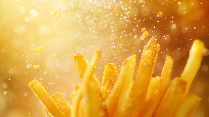 French fries - fried potatoes flying. Fly fastfood - obrazy, fototapety, plakaty