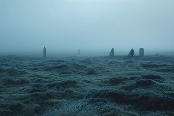 A desolate, mist-covered moor where ghostly wraiths emerge from the fog, their pale figures barely visible - obrazy, fototapety, plakaty