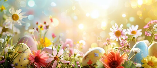 Wishing you a joyful Easter celebration with a festive background of Easter eggs and flowers.