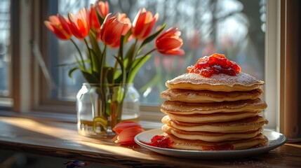  A pancake tower on a white platter, flanked by flower arrangements - obrazy, fototapety, plakaty