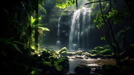 Panoramic view of a waterfall in a tropical forest at night