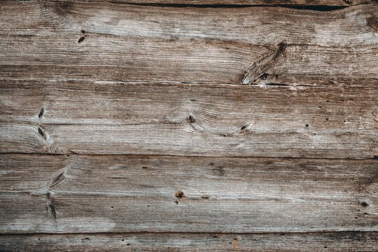 Brown gray wooden background. Wood texture with bitches close-up. An aged logs wall. Rustic style. Grey weathered board. Striped banner. Natural material. Copy space