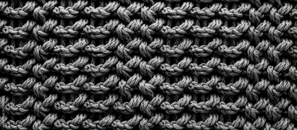 Poster a close up of a monochromatic knitted pattern on a dark grey background, the intricate design create