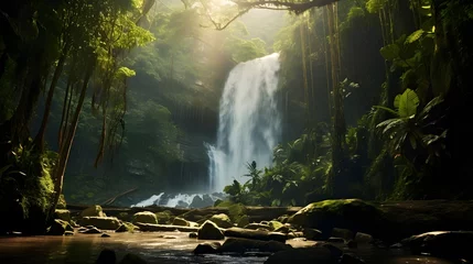 Tafelkleed Panoramic view of a waterfall in the rainforest of Bali, Indonesia © Iman