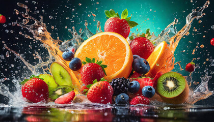 A variety of fresh fruit splashing with an explosion of color and cinematic lighting