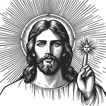 Jesus Christ bible religious christian character sketch engraving generative ai fictional character vector illustration. Scratch board imitation. Black and white image.