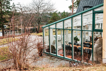 empty restaurant interior near Fredriksborgs fortress in winter , Varmdo, Stockholm, Sweden