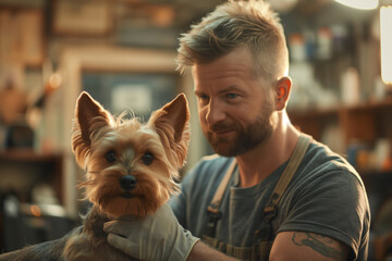 Veterinarian cutting dogs hair with equipment at clinic, groomer, dog hairdresser. washing dogs, smooth fur, portrait and close-up. man and woman grooming barbershop happy dog salon and studio - obrazy, fototapety, plakaty