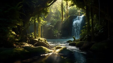 Panoramic view of a beautiful waterfall in a green forest.