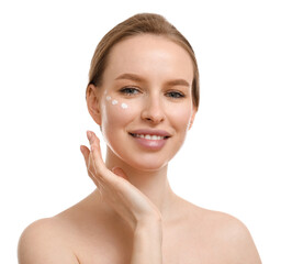 Beautiful woman with cream on her face against white background