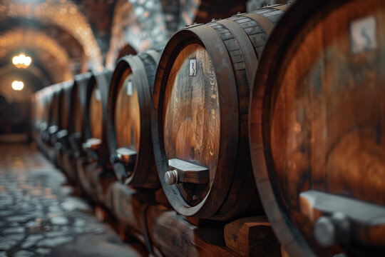 Wine barrels standing in the wine cellar