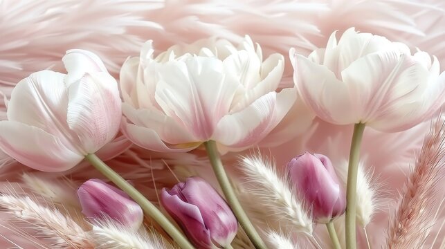  A photo of pink and white tulips on a pink-textured background, with a blurred focus on the pink flowers in the foreground