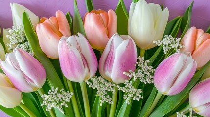  Pink & White Tulips with Baby's Breath in Vase on Purple Background
