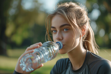 Woman Drinking Water From Plastic Bottle - obrazy, fototapety, plakaty