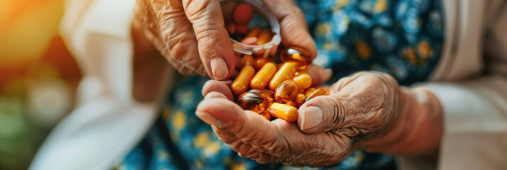 Elderly woman holding a handful of pills in her hands, looking at them intently - obrazy, fototapety, plakaty
