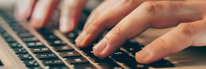 A close-up view of a person typing on a laptop keyboard