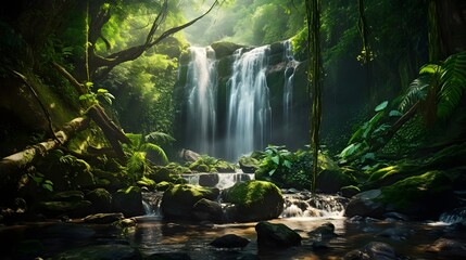 Panorama of a waterfall in a green tropical forest. Panoramic view.
